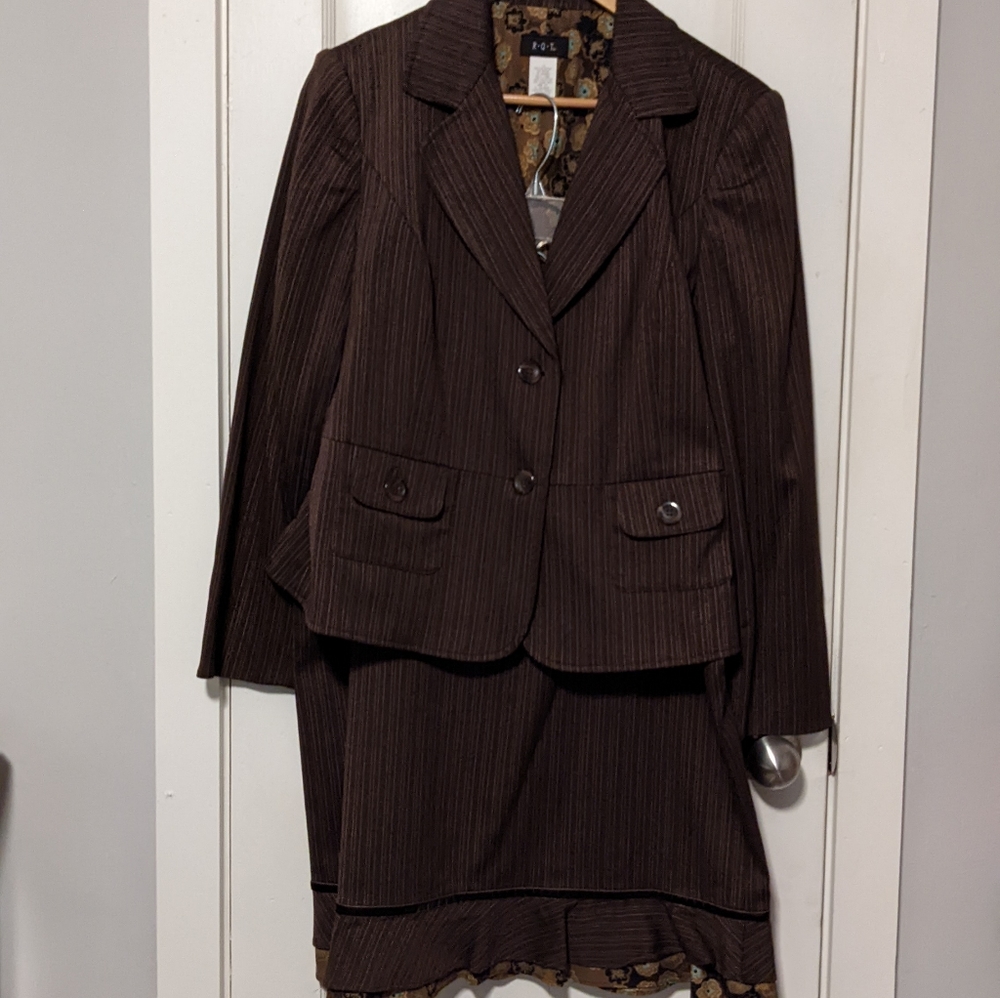 RQT Brown Pinstripe Skirt Suit Set w/ Floral Accent